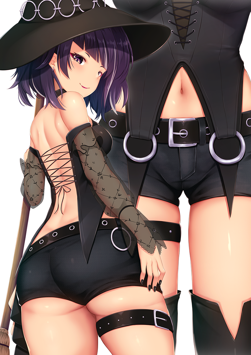 1girl ass bangs bare_shoulders belt black_nails black_shorts breasts broom bustier cowboy_shot detached_sleeves diagonal_bangs earrings from_behind from_below hat highres idolmaster idolmaster_shiny_colors jewelry looking_at_viewer looking_back medium_breasts momo_no_kanzume multiple_views nail_polish navel purple_hair see-through short_hair short_shorts shorts smile solo tanaka_mamimi thigh-highs thigh_gap violet_eyes witch_hat