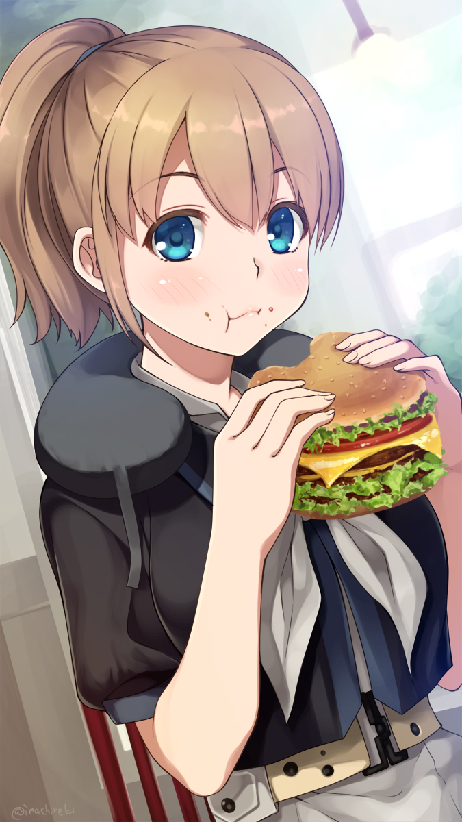 1girl :t bangs belt black_shirt blue_eyes blush breasts brown_hair closed_mouth commentary_request eating eyebrows_visible_through_hair food food_on_face grey_neckwear hair_between_eyes hamburger highres holding holding_food imachireki intrepid_(kantai_collection) kantai_collection large_breasts looking_at_viewer miniskirt neck_pillow ponytail sandwich shirt short_hair signature sitting skirt solo twitter_username white_neckwear white_skirt