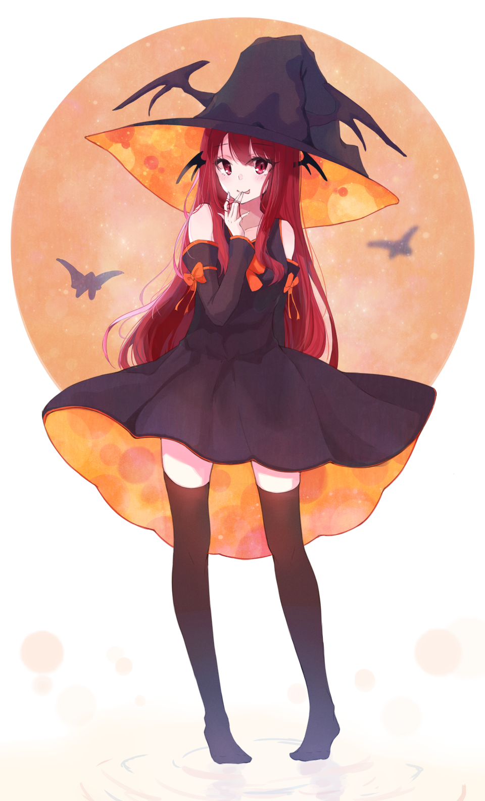 1girl alternate_costume animal bangs bare_shoulders bat black_dress black_hat black_legwear black_wings bow collarbone commentary_request detached_sleeves dress eyebrows_visible_through_hair full_body full_moon halloween halloween_costume hand_up hat head_wings highres hyakunin_momoko koakuma long_hair looking_at_viewer moon no_shoes orange_bow pigeon-toed red_eyes redhead ripples short_dress smile solo standing thigh-highs tongue tongue_out touhou white_background wings witch_hat zettai_ryouiki