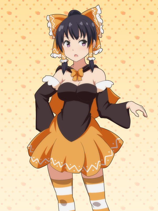 1girl alternate_color alternate_costume bare_shoulders black_hair bow breasts capelet cato_(monocatienus) commentary_request frilled_bow frills hair_bow hair_tubes hakurei_reimu hand_on_hip looking_at_viewer medium_breasts medium_hair open_mouth orange_skirt skirt solo striped striped_legwear thigh-highs touhou