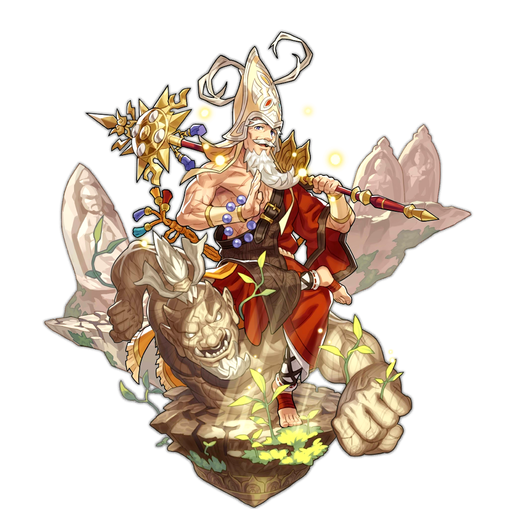 1boy artist_request beard dragalia_lost facial_hair golem holding holding_spear holding_weapon looking_at_viewer monk non-web_source official_art open_hand polearm punching ryozen smile spear statue transparent_background weapon white_hair