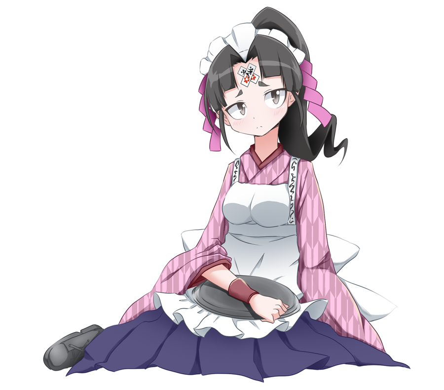 1girl apron black_eyes black_hair bwell eyebrows frown full_body gyakuten_saiban gyakuten_saiban_5 hair_intakes hair_ribbon japanese_clothes looking_at_viewer maid_headdress medium_hair ofuda ponytail ribbon simple_background sitting solo tenma_yumemi thick_eyebrows tray white_background wide_sleeves