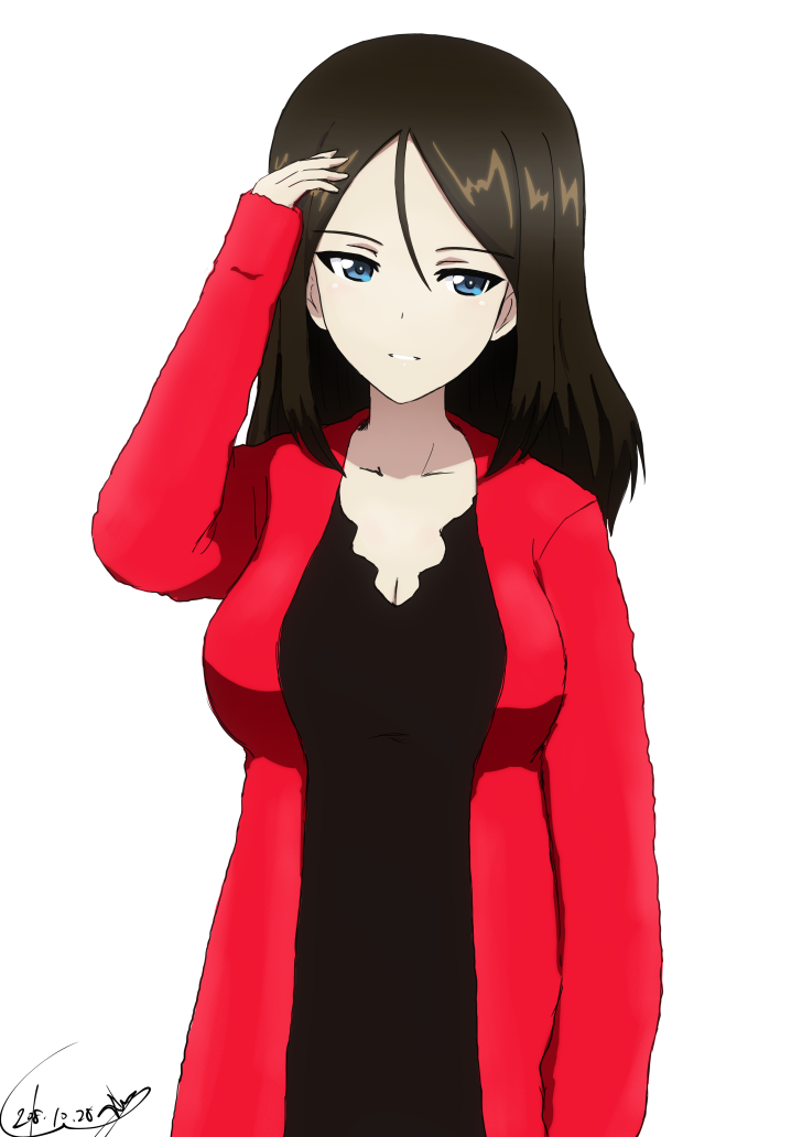 1girl artist_name bangs black_hair black_shirt blue_eyes breasts bukkuri casual cleavage commentary dated girls_und_panzer hand_on_head jacket long_hair long_sleeves looking_at_viewer medium_breasts nonna parted_lips red_jacket shirt signature simple_background smile solo standing swept_bangs upper_body white_background