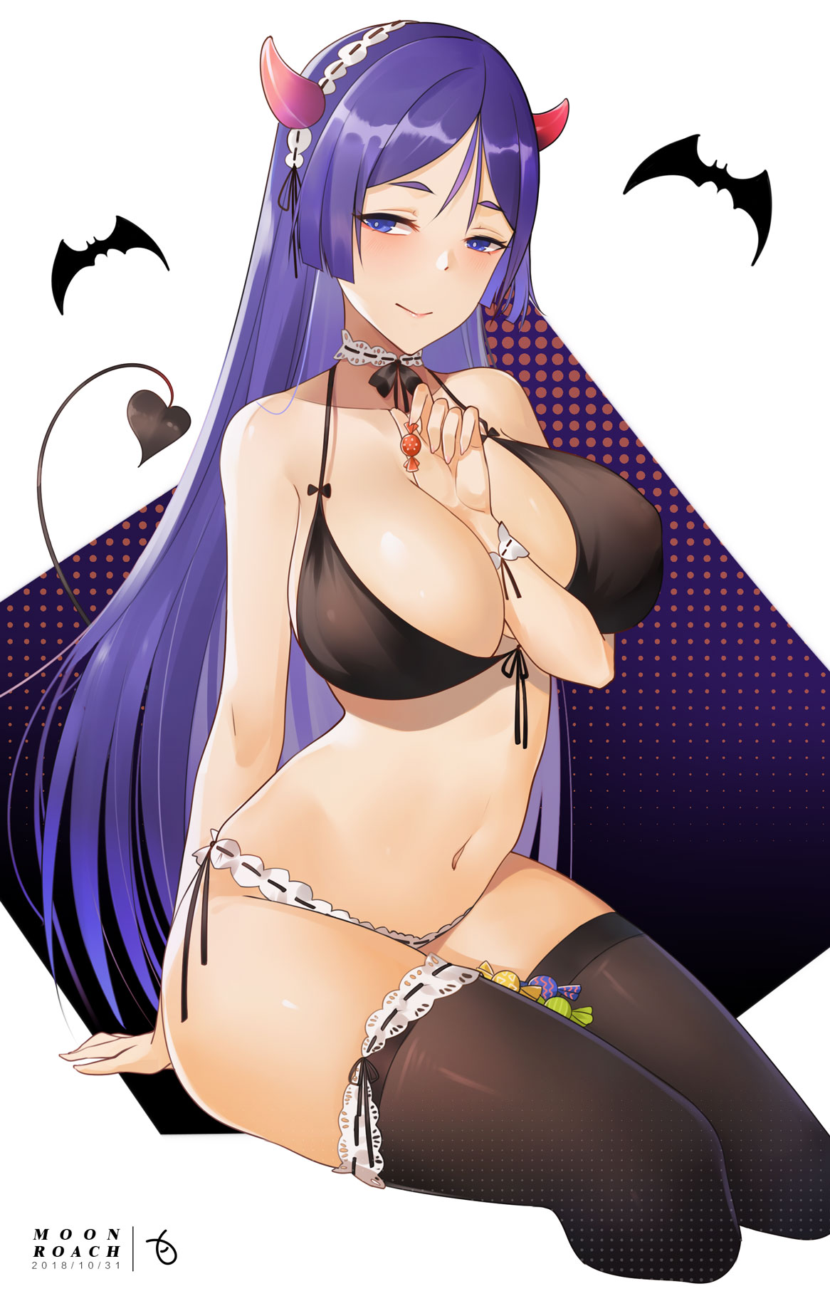 1girl arm_behind_back artist_name bangs bare_arms bare_shoulders bat bikini black_bikini_top black_legwear black_neckwear black_ribbon blue_eyes blush breasts candy choker cleavage closed_mouth collarbone commentary_request cropped_legs dated demon_horns demon_tail fate/grand_order fate_(series) fingernails food hairband halftone halftone_background halloween head_tilt highres holding horns large_breasts lolita_hairband long_hair looking_at_viewer minamoto_no_raikou_(fate/grand_order) mismatched_bikini navel neck_ribbon parted_bangs purple_hair ribbon ribbon-trimmed_choker signature sitting smile solo stomach straight_hair strap_gap swimsuit tail thigh-highs very_long_hair white_bikini_bottom white_choker wrist_cuffs yueguang_zhanglang