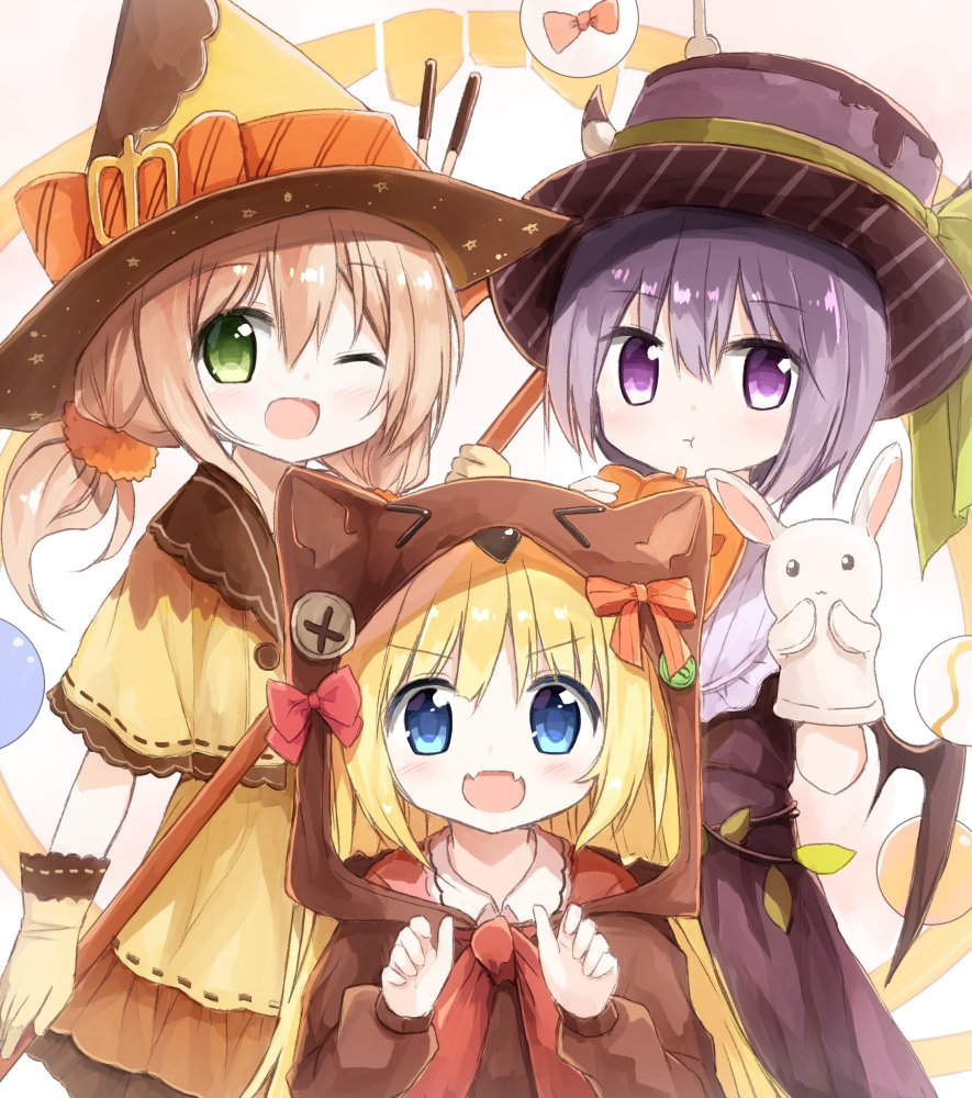 &gt;_&lt; 3girls :d :t ;d animal_costume animal_ears animal_hood bangs bat_wings black_wings blonde_hair blue_eyes blush bow brown_dress brown_gloves brown_hat brown_shirt closed_mouth collared_shirt commentary_request dress eyebrows_visible_through_hair food_themed_clothes gloves green_eyes hair_between_eyes hand_puppet hands_up hat holding hood hood_up light_brown_hair long_hair multiple_girls one_eye_closed open_mouth orange_bow original pout puppet purple_hair purple_hat red_bow shirt short_hair smile top_hat violet_eyes wings witch_hat yuuhagi_(amaretto-no-natsu)