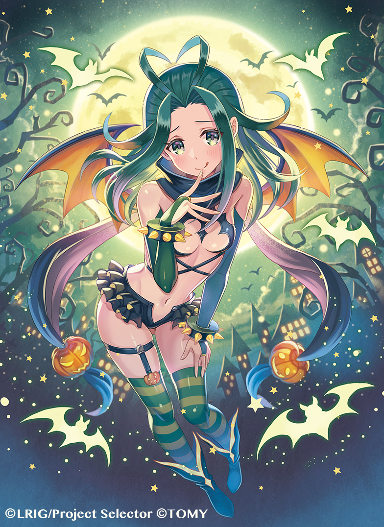 1girl bare_shoulders bat bat_wings blush bracelet breasts castle company_name elbow_gloves food_themed_hair_ornament full_body full_moon gloves green_eyes green_gloves green_legwear hair_intakes hair_ornament halloween heart_hair jack-o'-lantern jewelry leaning_forward licking_lips looking_at_viewer madopen midriff miniskirt moon navel night official_art pumpkin_hair_ornament skirt small_breasts solo spiked_bracelet spikes striped striped_legwear tongue tongue_out twintails wings wixoss