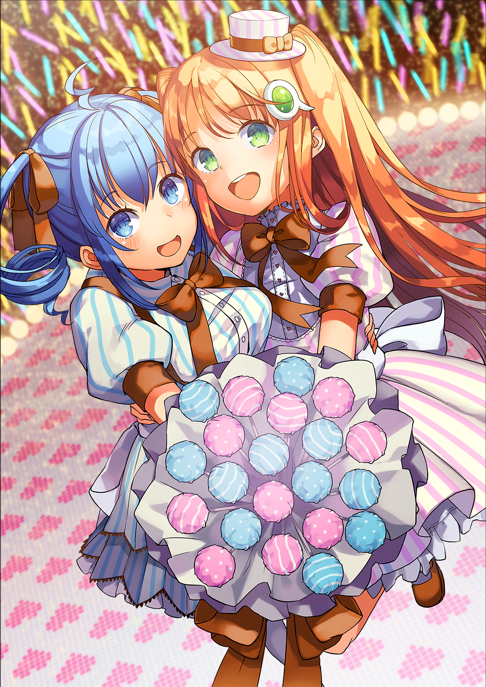 2girls :d ahoge amiami_(company) amico bangs blue_eyes blue_hair blush bouquet bow bowtie candy dress drill_hair dutch_angle flower food glowstick green_eyes hair_ornament hair_ribbon hat highres holding holding_bouquet hug idol leg_up lilco lollipop long_hair looking_at_viewer mini_hat multiple_girls official_art open_mouth orange_hair polka_dot puffy_short_sleeves puffy_sleeves ribbon round_teeth short_sleeves smile stage striped striped_hat teeth twin_drills twintails two_side_up vertical-striped_dress vertical_stripes yumekui