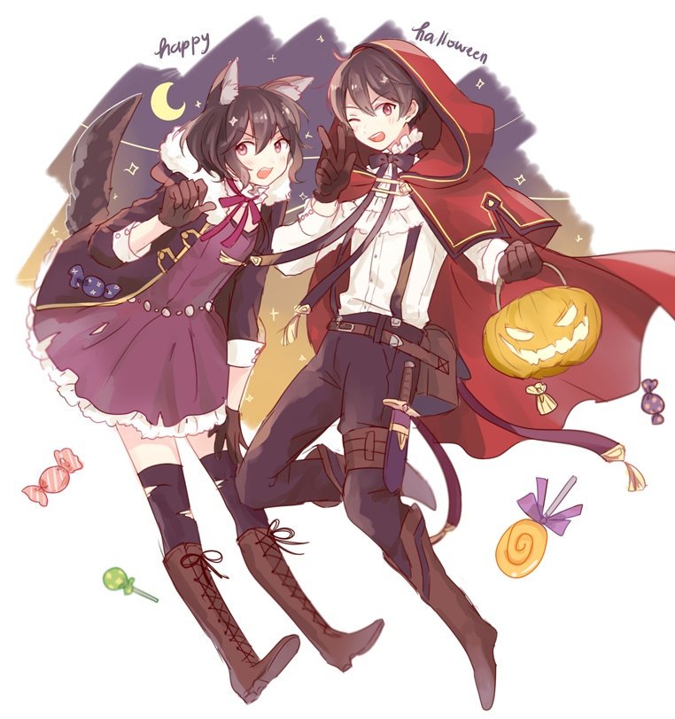 1boy 1girl ahoge black_hair blush dinikee dress fire_emblem fire_emblem:_kakusei fire_emblem_heroes gloves halloween hood jacket long_hair looking_at_viewer mamkute mark_(female)_(fire_emblem) mark_(fire_emblem) mark_(male)_(fire_emblem) nintendo open_mouth short_hair simple_background smile