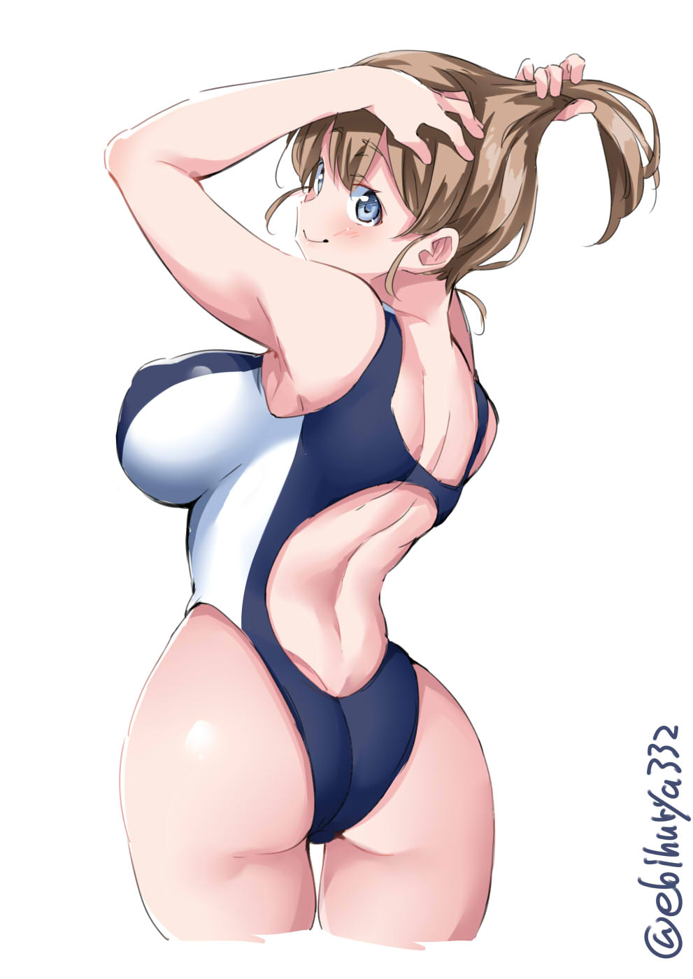 1girl adjusting_hair alternate_costume ass bare_shoulders blue_eyes blush breasts brown_hair closed_mouth competition_swimsuit cowboy_shot ebifurya erect_nipples eyebrows_visible_through_hair from_behind hair_between_eyes highres intrepid_(kantai_collection) kantai_collection large_breasts looking_at_viewer medium_hair one-piece_swimsuit puffy_nipples simple_background solo swimsuit thighs waist white_background