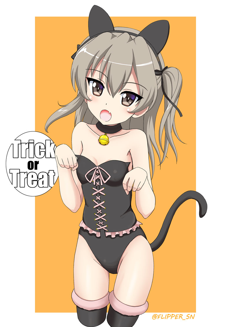 1girl :o animal_ears bangs bare_arms bare_shoulders bell bell_choker black_bow black_choker black_hairband black_legwear black_leotard blush bow breasts brown_hair cat_ears cat_girl cat_tail choker collarbone commentary_request cropped_legs eyebrows_visible_through_hair fake_animal_ears fang flipper frills fur-trimmed_legwear fur_trim girls_und_panzer hair_between_eyes hair_bow hairband hands_up head_tilt jingle_bell leotard long_hair one_side_up open_mouth orange_background pink_ribbon ribbon shimada_arisu simple_background small_breasts solo strapless strapless_leotard tail tail_raised thigh-highs trick_or_treat twitter_username two-tone_background white_background