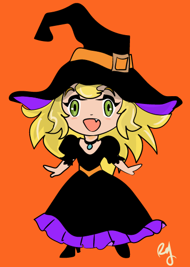 1girl artist_name blonde_hair blush chibi collar cute fang green_eyes halloween open_mouth orange_background original r・yamamoto solo witch witch_dress witch_hat