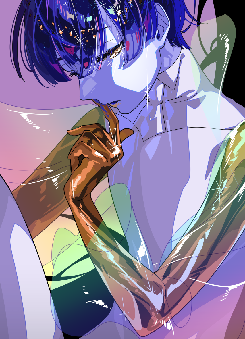 1other androgynous artist_request bangs blue_hair blunt_bangs colored_eyelashes crystal_hair golden_arms houseki_no_kuni looking_at_viewer necktie phosphophyllite phosphophyllite_(ll) see-through short_hair solo sparkle spoilers white_eyes white_skin