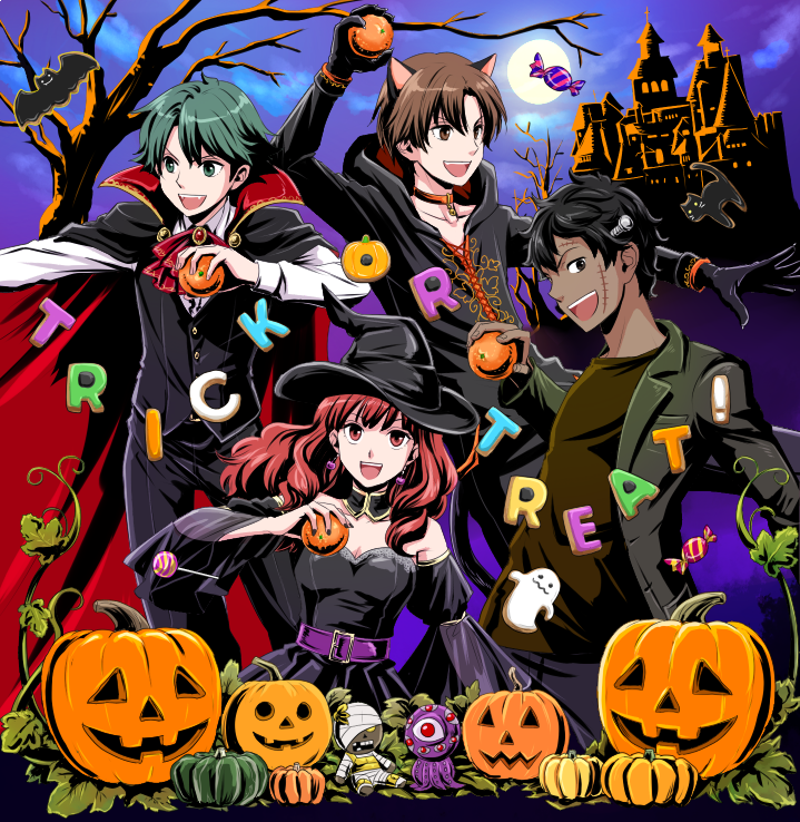 1girl 3boys alm_(fire_emblem) animal_ears belt black_gloves black_hair black_jacket black_pants black_vest brown_eyes brown_hair brown_shirt candy cape castle cat_ears celica_(fire_emblem) collar dark_skin dark_skinned_male detached_collar earrings fake_animal_ears fire_emblem fire_emblem_echoes:_mou_hitori_no_eiyuuou food fruit full_moon gloves green_eyes green_hair grey_(fire_emblem) halloween_costume hat hksi1pin jack-o'-lantern jacket jewelry lollipop long_hair long_sleeves moon multiple_boys night night_sky nintendo open_mouth orange pants pumpkin red_eyes redhead robin_(fire_emblem_gaiden) shirt short_hair sky tree trick_or_treat vest witch_hat