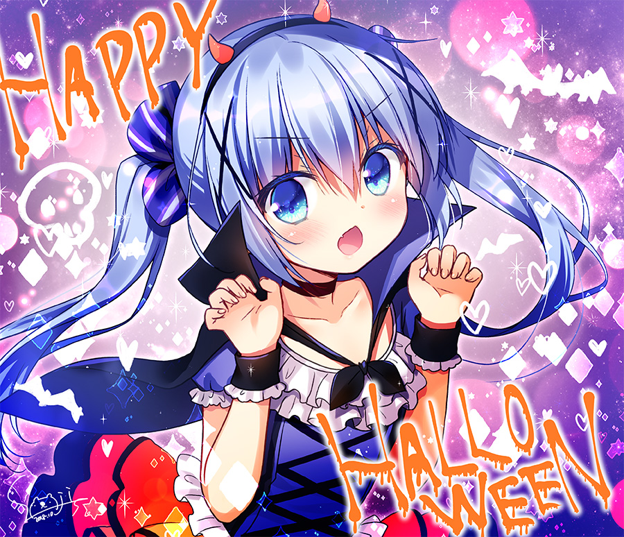 1girl black_choker blue_eyes blue_hair capelet choker claw_pose collarbone commentary_request eyebrows_visible_through_hair eyes_visible_through_hair fake_horns frills gochuumon_wa_usagi_desu_ka? hair_between_eyes hair_ribbon hairband halloween_costume happy_halloween heart horns kafuu_chino long_hair looking_at_viewer open_mouth ribbon sasai_saji short_sleeves solo sparkle twintails v-shaped_eyebrows wrist_cuffs