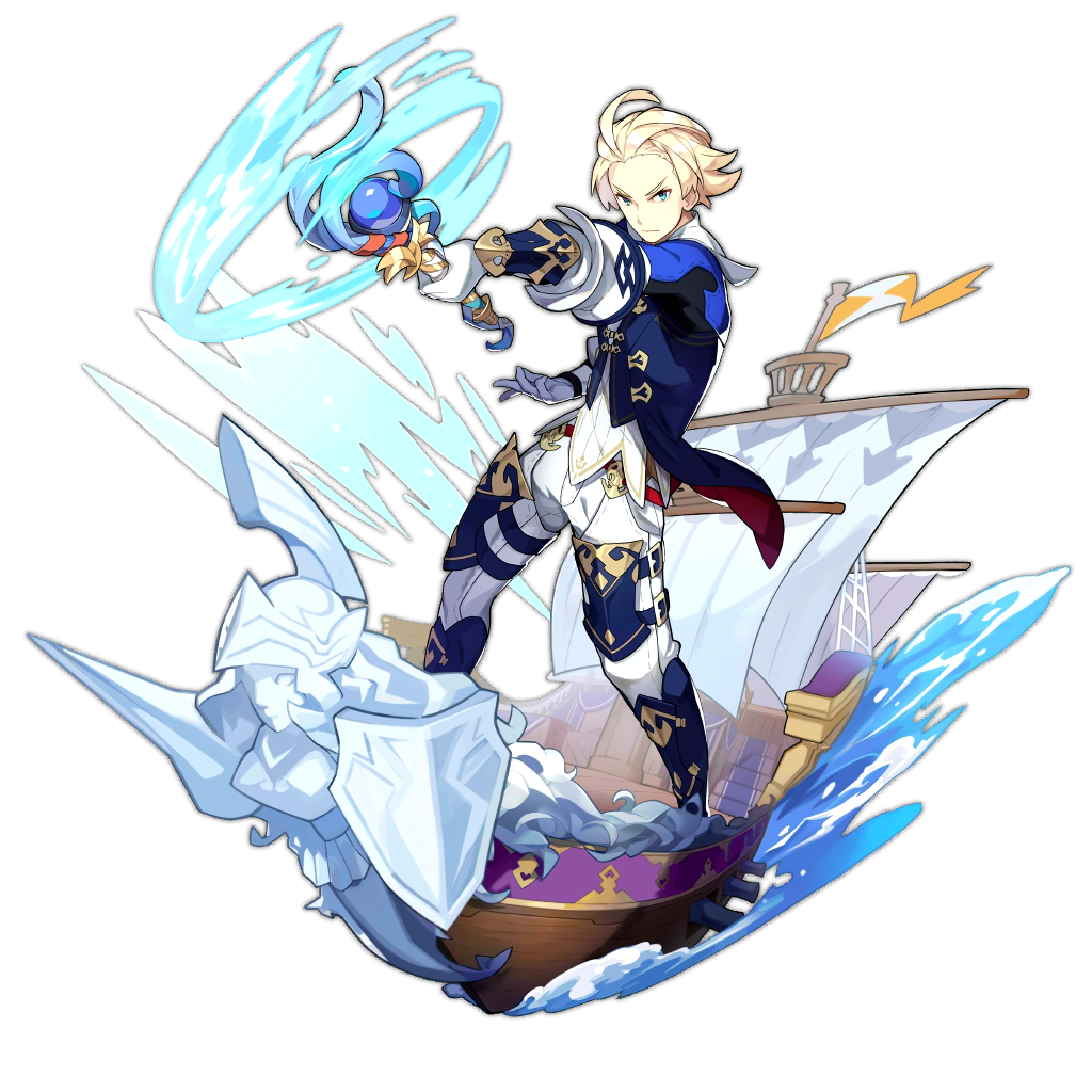 1boy artist_request blonde_hair blue_eyes dragalia_lost holding holding_rod looking_at_viewer non-web_source official_art pointing pointing_at_viewer sailing ship splashing thaniel transparent_background water watercraft