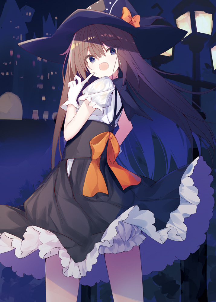 1girl :d bangs black_hat black_skirt bloomers blue_eyes blush bow brown_hair commentary_request eyebrows_visible_through_hair fang frilled_skirt frills gloves hair_between_eyes halloween hand_up hat hat_bow high-waist_skirt index_finger_raised kavka lamppost long_hair looking_at_viewer looking_back open_mouth orange_bow original puffy_short_sleeves puffy_sleeves shirt short_sleeves skirt smile solo standing underwear very_long_hair white_bloomers white_gloves white_shirt witch_hat