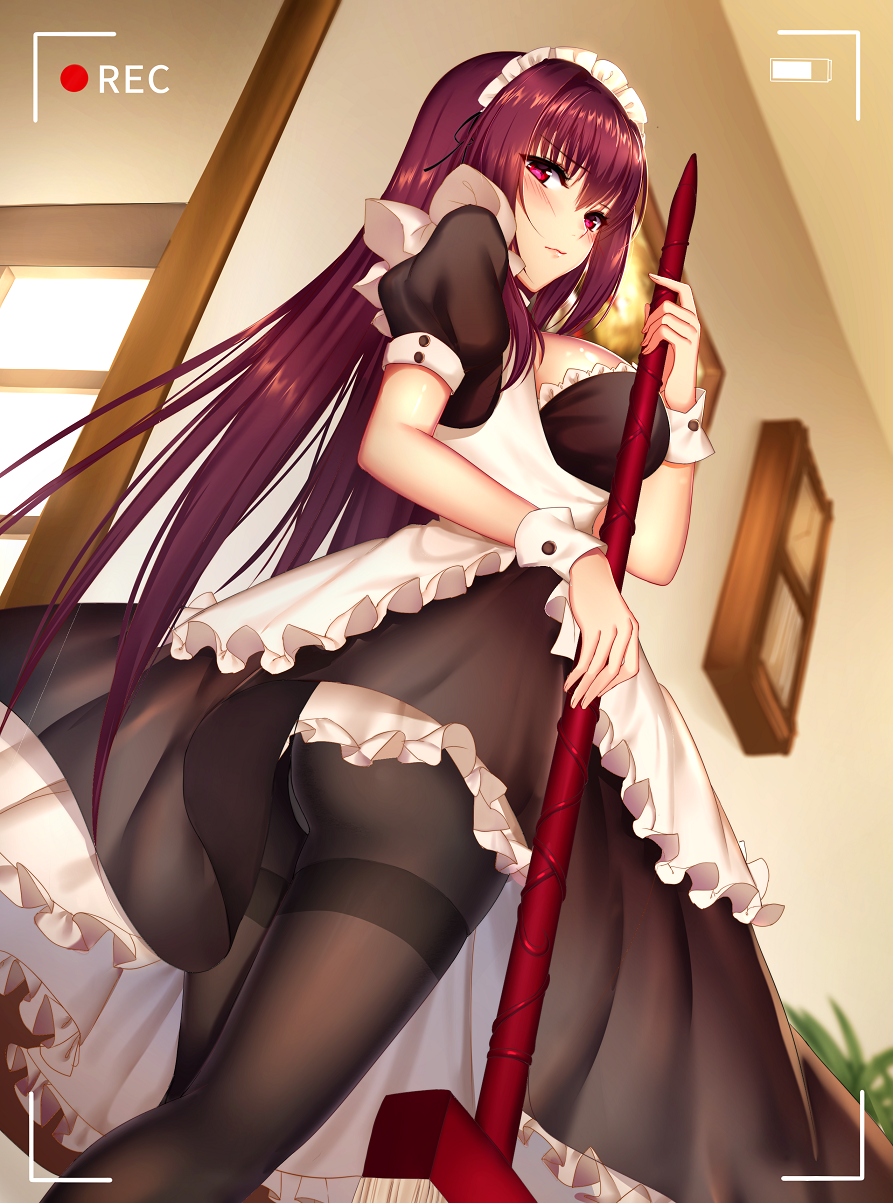 1girl alternate_costume apron black_dress black_legwear blurry blush breasts broom contemporary cowboy_shot depth_of_field door dress enmaided eyebrows_visible_through_hair fate_(series) from_below highres indoors large_breasts long_hair looking_at_viewer maid maid_apron maid_headdress mallizmora pantyhose puffy_short_sleeves puffy_sleeves purple_hair red_eyes scathach_(fate)_(all) scathach_(fate/grand_order) short_sleeves solo symbol_commentary thighband_pantyhose very_long_hair viewfinder waist_apron window wrist_cuffs