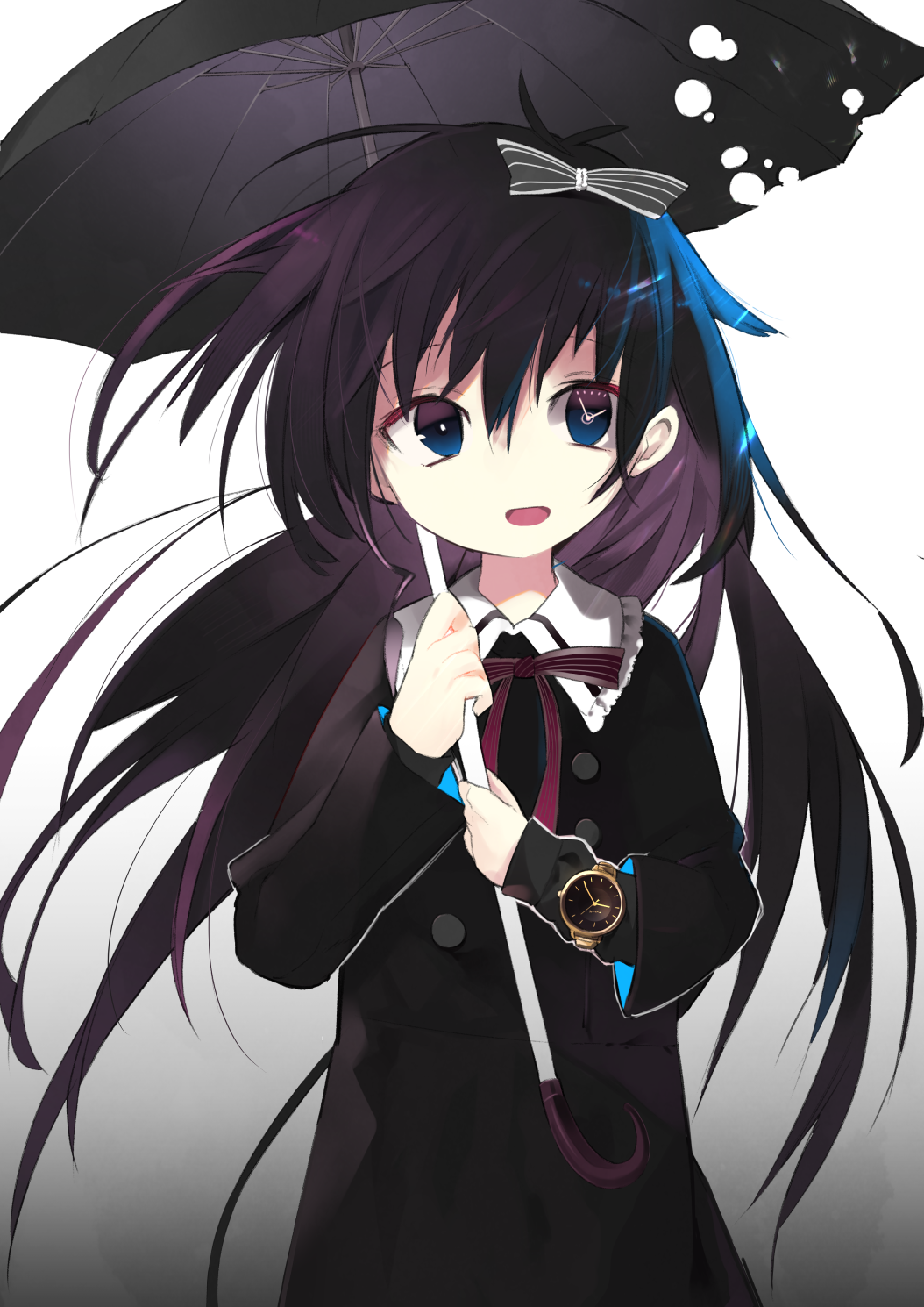 1girl ad aki_maki_yuu black_bow black_coat black_hair blue_eyes bow buttons clock_eyes commentary_request gradient gradient_background grey_background hair_between_eyes hair_bow hands_up highres holding holding_umbrella long_hair long_sleeves looking_at_viewer multicolored multicolored_eyes multicolored_hair open_mouth original purple_hair smile solo striped striped_bow symbol-shaped_pupils two-tone_hair umbrella upper_body violet_eyes watch watch