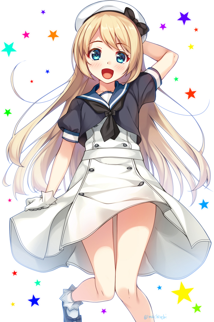 1girl :d blonde_hair blue_eyes blue_sailor_collar blush dress feet_out_of_frame gloves hat imachireki jervis_(kantai_collection) kantai_collection long_hair looking_at_viewer open_mouth sailor_collar sailor_dress sailor_hat short_sleeves smile solo standing standing_on_one_leg star starry_background white_background white_dress white_gloves white_hat