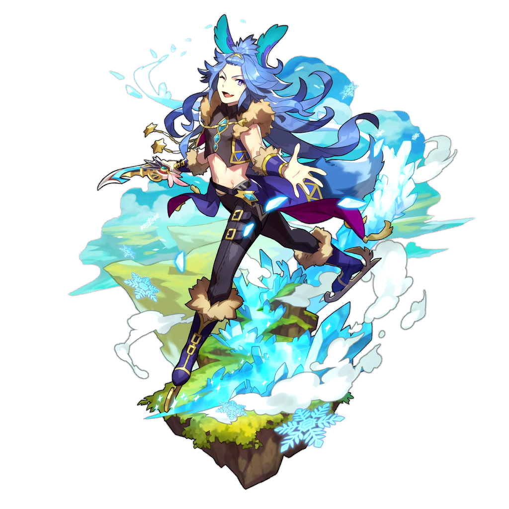 1boy animal_ears artist_request blue_eyes blue_hair dagger dragalia_lost fang grass ice ice_crystal ice_skates ice_skating looking_at_viewer non-web_source official_art one_eye_closed orsem rabbit_ears skates skating snowflakes star tail trail transparent_background weapon