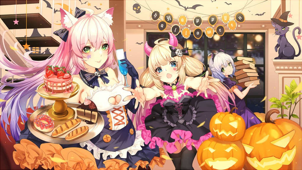 3girls :o :p ahoge animal animal_ear_fluff animal_ears armpits baguette bangs bare_shoulders bat black_cat black_dress black_gloves black_legwear blonde_hair blue_bow blue_eyes blue_neckwear blurry book book_stack bow bowtie bread breasts buttons cake cat champagne_flute cleavage cleavage_cutout closed_mouth collarbone commentary_request cross-laced_clothes cup depth_of_field detached_collar doughnut dress drink drinking_glass elbow_gloves eyebrows_visible_through_hair facial_mark falling_leaves floating_hair food frilled_dress frills fruit gloves gradient_hair green_eyes hair_between_eyes hair_bow hair_ornament half_updo halloween hand_up happy_halloween hat heart holding holding_book holding_cup holding_tray horns indoors jack-o'-lantern leaf long_hair looking_at_viewer low_twintails medium_breasts multicolored_hair multiple_girls night original outstretched_arms pink_hair pink_neckwear plant purple_dress purple_hair reaching_out short_sleeves sidelocks silver_hair skull_hair_ornament slice_of_cake small_breasts smile standing star strapless strapless_dress strawberry striped striped_bow thigh-highs tongue tongue_out tray twintails witch_hat yeluno_meng