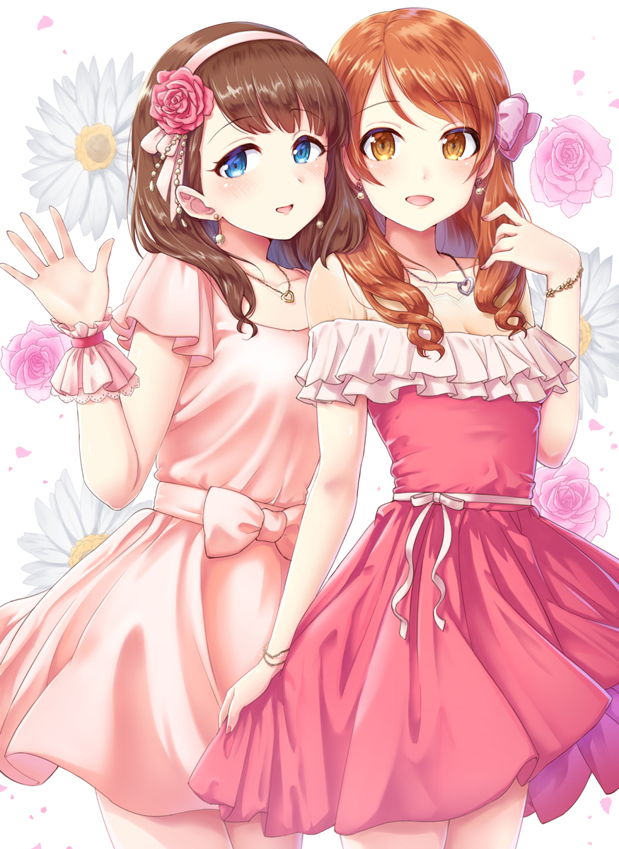 2girls :d bangs blue_eyes bracelet breasts brown_eyes brown_hair chiyosuke_(nosuke21) cleavage collarbone cowboy_shot dress earrings flower hair_flower hair_ornament hairband heart heart_necklace highres houjou_karen idolmaster idolmaster_cinderella_girls idolmaster_cinderella_girls_starlight_stage jewelry long_hair looking_at_viewer multiple_girls off-shoulder_dress off_shoulder open_mouth pink_dress pink_flower pink_hairband pink_rose ribbon rose sakuma_mayu shiny shiny_hair short_dress sleeveless sleeveless_dress small_breasts smile standing swept_bangs white_ribbon wrist_cuffs