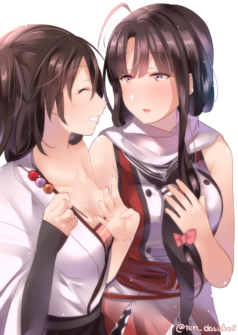 2girls :d ahoge bangs bare_arms bare_shoulders black_neckwear bloom blush breasts brown_hair character_request cleavage closed_eyes collarbone commentary_request food_request grin hands_up holding juurouta kantai_collection long_hair looking_at_viewer medium_breasts multiple_girls neckerchief open_mouth profile raised_eyebrows sideways_mouth simple_background sketch_eyebrows smile standing twitter_username violet_eyes white_background