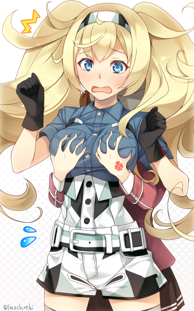 /\/\/\ 2girls ahoge anger_vein belt belt_buckle black_gloves blonde_hair blue_eyes blue_shirt breast_envy breast_grab breast_pocket breasts brown_skirt buckle buttons collared_shirt cowboy_shot crying crying_with_eyes_open eyebrows_visible_through_hair flying_sweatdrops gambier_bay_(kantai_collection) gloves grabbing grabbing_from_behind hair_between_eyes hairband halftone halftone_background hands_up highres imachireki kantai_collection large_breasts looking_at_viewer looking_down multicolored multicolored_clothes multiple_girls open_mouth pleated_skirt pocket ryuujou_(kantai_collection) shirt short_sleeves shorts skirt striped_belt tears twintails underbust wavy_mouth white_shorts