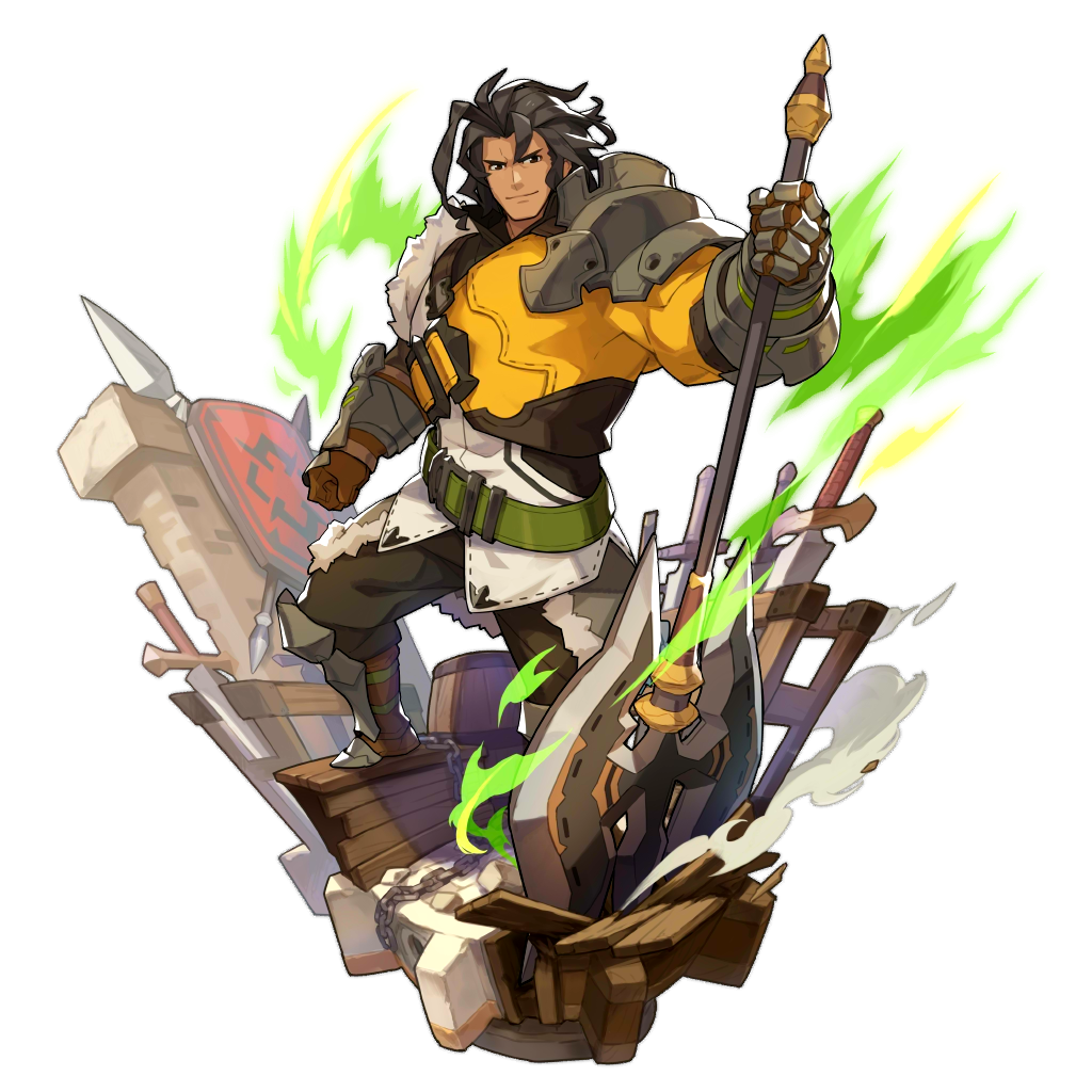 1boy armor artist_request axe barrel belt black_eyes black_hair broken closed_mouth dragalia_lost energy gauntlets lance looking_at_viewer non-web_source official_art polearm ranzal smile sword transparent_background weapon wood