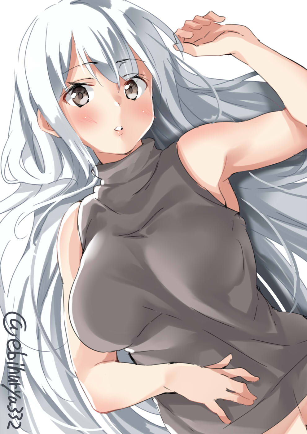 1girl alternate_costume blush breasts brown_eyes closed_mouth ebifurya eyebrows_visible_through_hair hair_between_eyes highres kantai_collection large_breasts long_hair lying shoukaku_(kantai_collection) silver_hair solo twitter_username white_hair