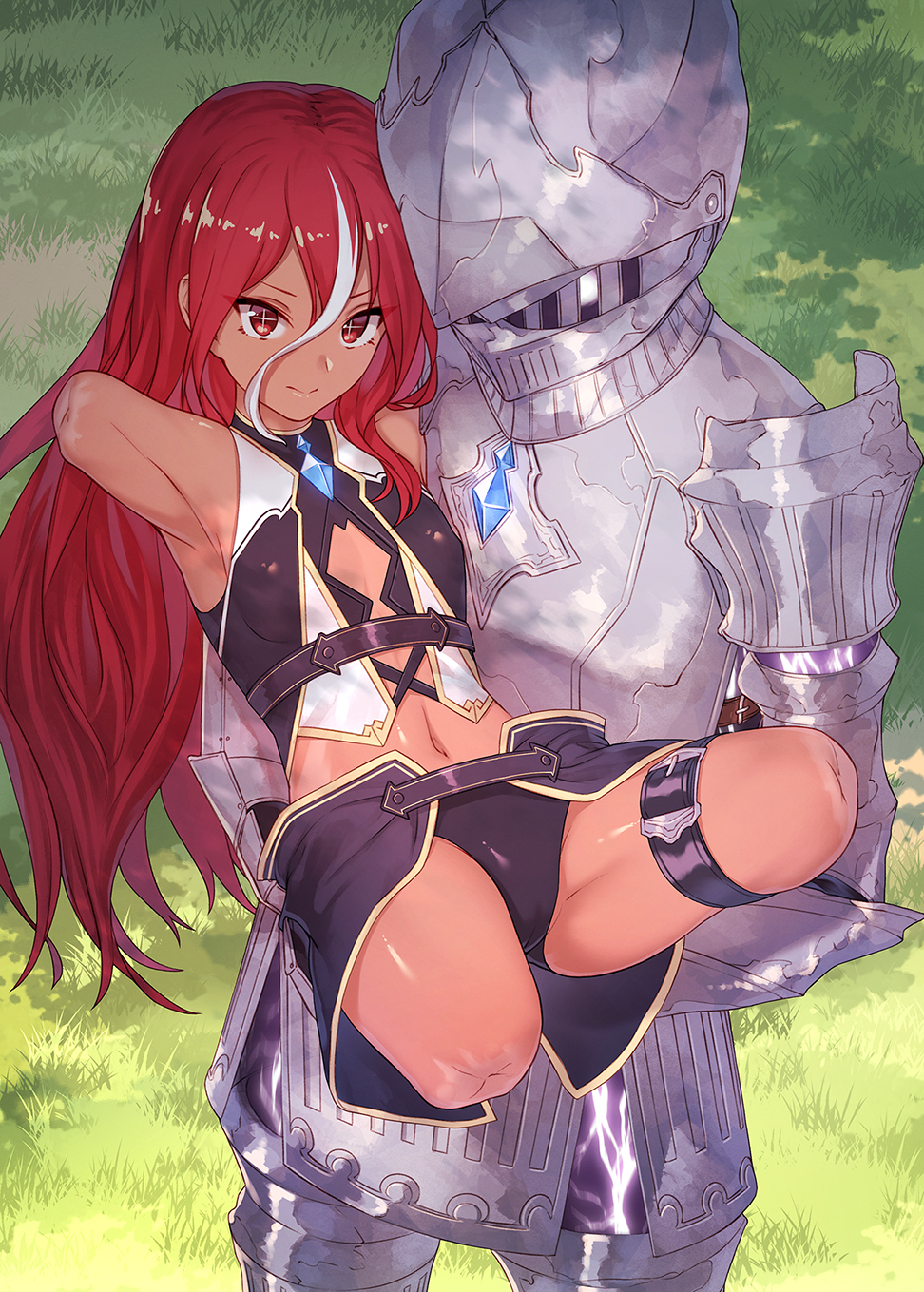 +_+ 1girl amputee armor armpits breasts carrying commentary_request crystal dark_skin day glowing glowing_eye grass hair_between_eyes highres ibuki_notsu living_armor long_hair looking_at_viewer midriff multicolored_hair navel original outdoors quadruple_amputee red_eyes small_breasts streaked_hair thigh_strap two-tone_hair very_long_hair white_hair