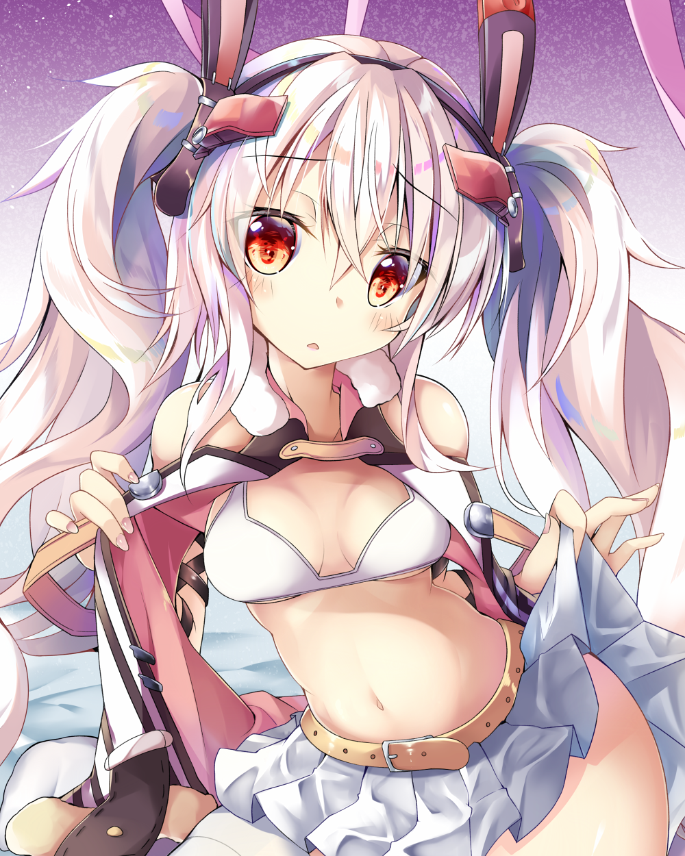1girl alternate_breast_size animal_ears azur_lane commentary_request fake_animal_ears highres laffey_(azur_lane) long_hair looking_at_viewer maritaki navel parted_lips rabbit_ears remodel_(azur_lane) silver_hair skirt skirt_hold solo stomach twintails white_bikini_top white_skirt
