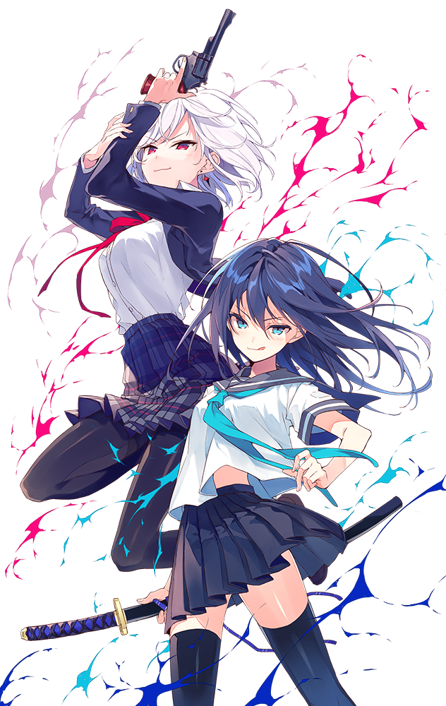 2girls :q aqua_neckwear bangs black_hair black_skirt blazer blue_eyes blue_hair blush breasts closed_mouth collared_shirt commentary_request eyebrows_visible_through_hair gun handgun hands_up holding holding_gun holding_sword holding_weapon jacket katana long_hair long_sleeves looking_at_viewer medium_breasts miniskirt multiple_girls necktie open_clothes open_jacket original pantyhose plaid plaid_skirt pleated_skirt red_eyes reia revolver sailor_collar school_uniform serafuku sheath sheathed shirt short_hair short_sleeves simple_background skirt smile sword thigh-highs thigh_strap tongue tongue_out v-shaped_eyebrows weapon white_background white_hair white_shirt zettai_ryouiki