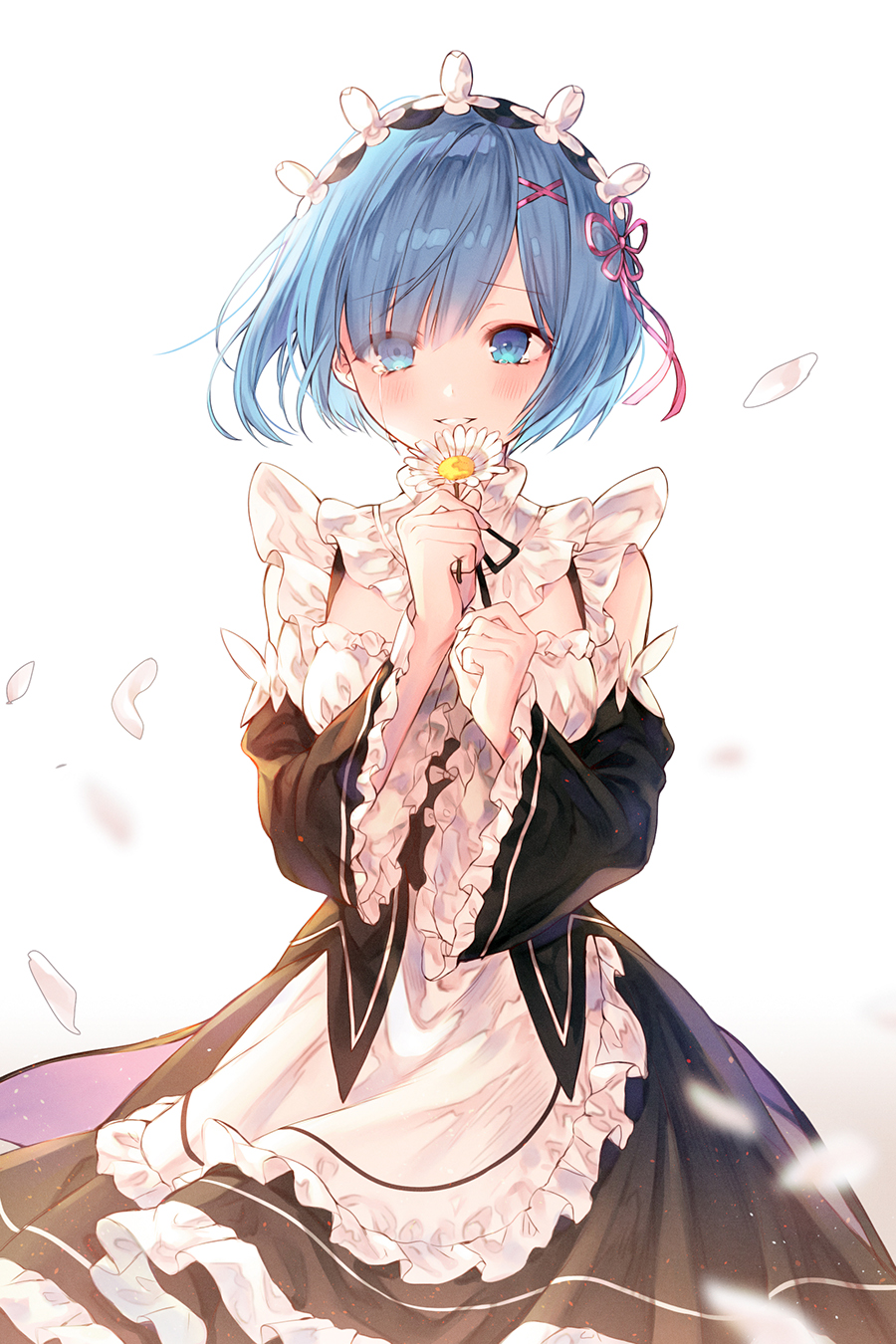 1girl blue_eyes blue_hair blush breasts crying crying_with_eyes_open detached_sleeves eyebrows_visible_through_hair flower highres holding holding_flower kh_(kh_1128) looking_at_viewer maid medium_breasts parted_lips petals re:zero_kara_hajimeru_isekai_seikatsu rem_(re:zero) short_hair simple_background solo tears white_background