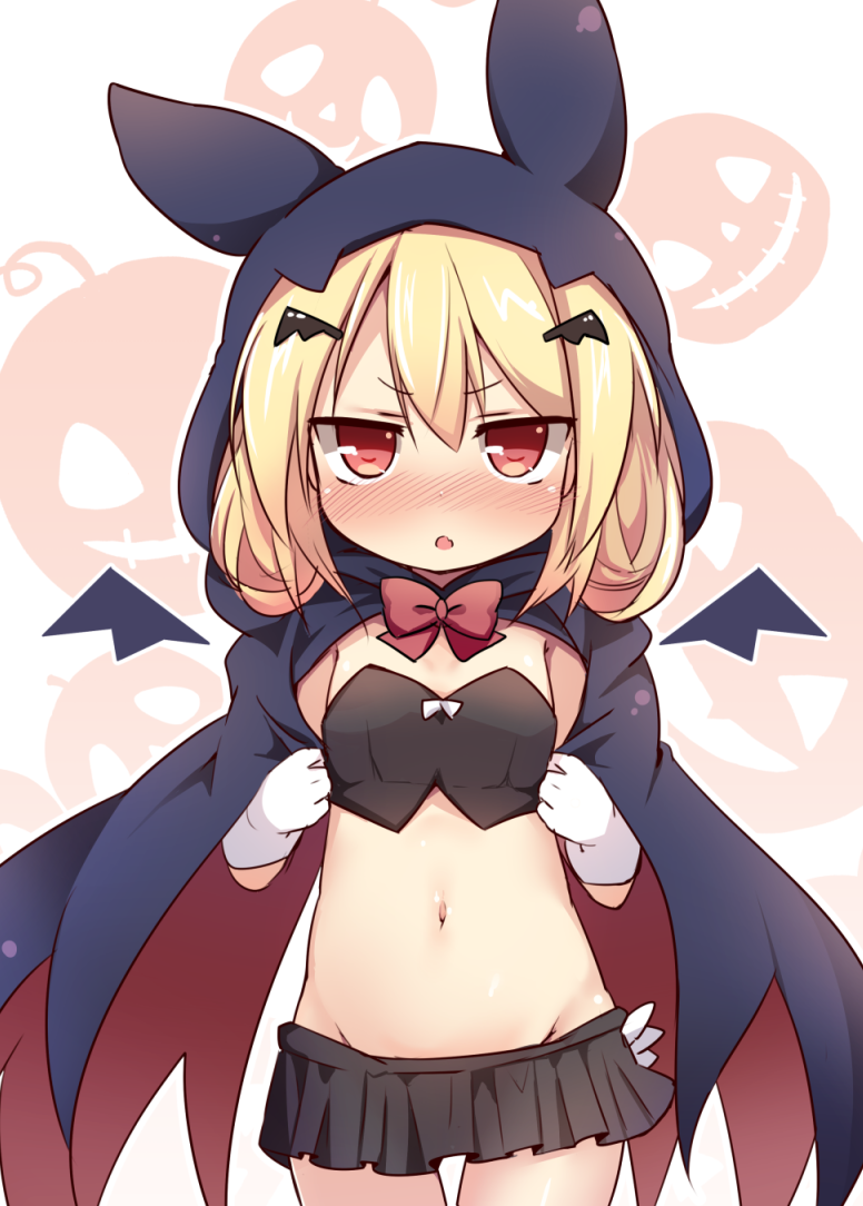 1girl :o animal_ears animal_hood baku-p bangs bat_wings bikini bikini_skirt black_cape black_skirt black_wings blonde_hair blush bow bowtie breasts cape commentary_request crop_top detached_wings eyebrows_visible_through_hair gloves groin hair_between_eyes halloween hood hood_up hooded_cape jack-o'-lantern lily_black lily_white long_hair looking_at_viewer midriff miniskirt multicolored multicolored_cape multicolored_clothes navel nose_blush parted_lips pleated_skirt red_cape red_eyes red_neckwear skirt small_breasts solo stitched_mouth stitches touhou white_gloves wings