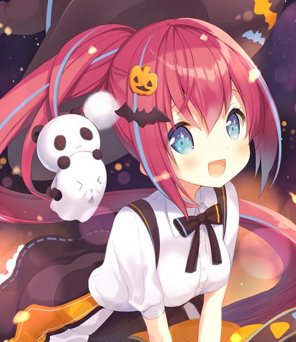 &gt;_&lt; 1girl :3 bangs bat_hair_ornament black_skirt blue_eyes blurry blurry_background bow commentary dress_shirt food_themed_hair_ornament ghost hair_between_eyes hair_ornament halloween hat light_particles long_hair looking_at_viewer multicolored_hair open_mouth original p19 panda ponytail pumpkin_hair_ornament redhead shirt short_sleeves skirt smile solo streaked_hair very_long_hair white_shirt witch_hat x3