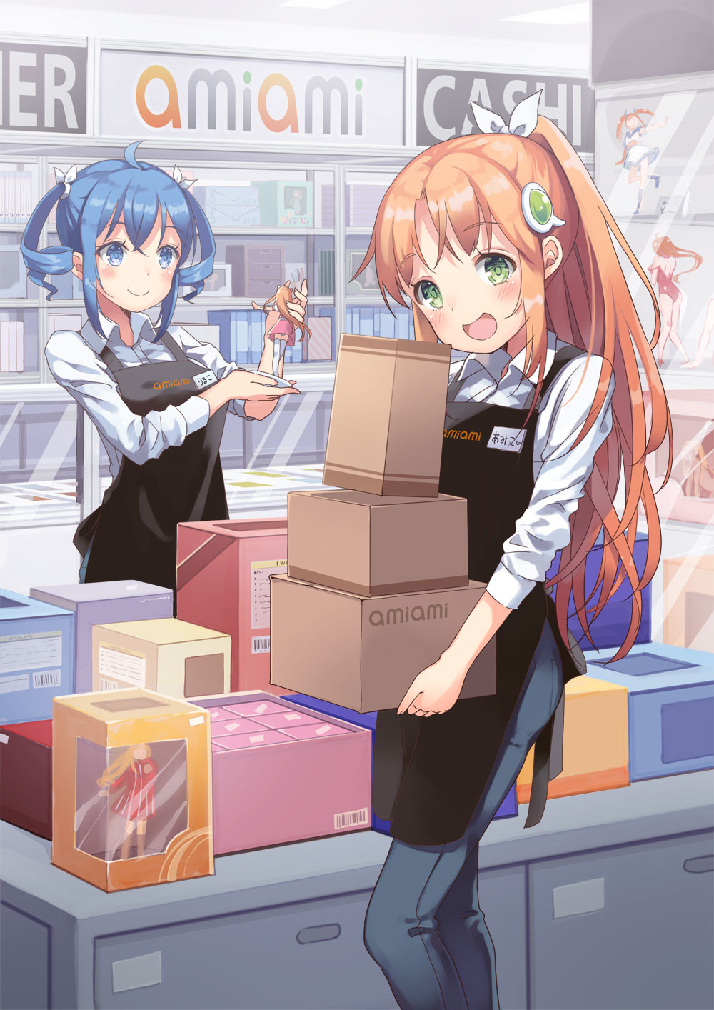 2girls :d ahoge alternate_hairstyle amiami_(company) amico apron bangs black_apron blue_eyes blue_hair blush box cardboard_box character_name closed_mouth clothes_writing collared_shirt copyright_name denim dress_shirt drill_hair figure green_eyes hair_ornament hair_ribbon highres holding holding_box indoors lilco long_hair long_sleeves looking_at_viewer multiple_girls name_tag official_art open_mouth ponytail ribbon shirt shop sidelocks sleeves_pushed_up smile standing twin_drills twintails white_shirt wing_collar yumekui