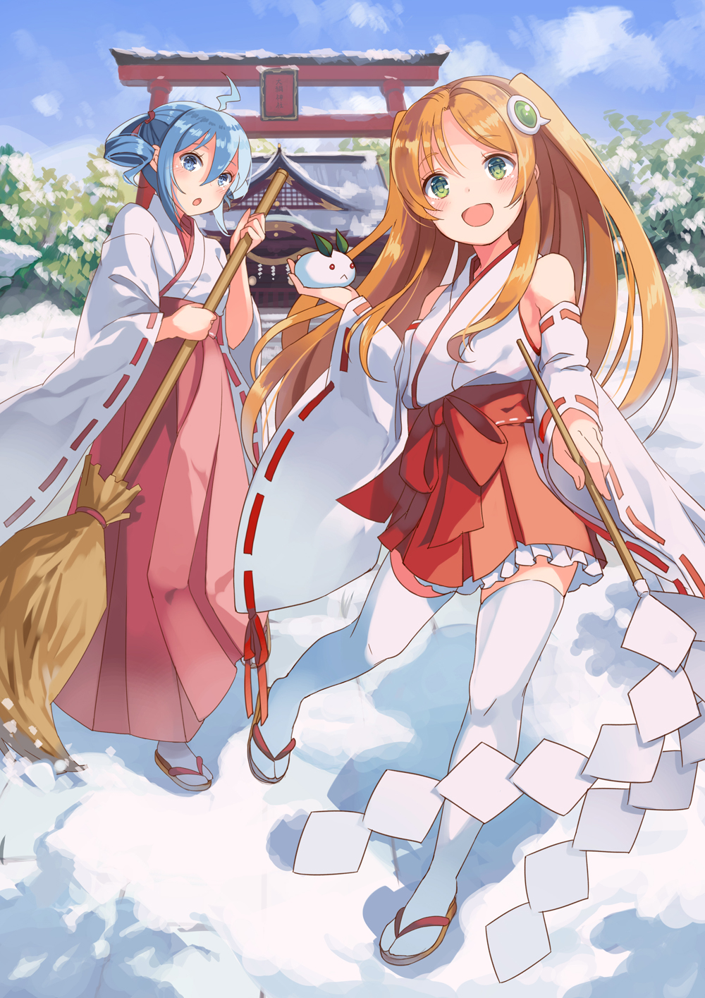 2girls :d :o ahoge amiami_(company) amico blue_eyes blue_hair blue_sky blush broom day detached_sleeves drill_hair eyebrows_visible_through_hair gohei green_eyes hair_between_eyes hair_ornament hakama hakama_skirt highres holding holding_broom japanese_clothes kimono lilco long_hair long_sleeves looking_at_viewer miko multiple_girls nontraditional_miko official_art open_mouth orange_hair outdoors red_hakama ribbon-trimmed_sleeves ribbon_trim shrine sky smile snow snow_bunny standing tabi thigh-highs torii tree twin_drills twintails two_side_up white_legwear wide_sleeves winter yumekui zettai_ryouiki zouri