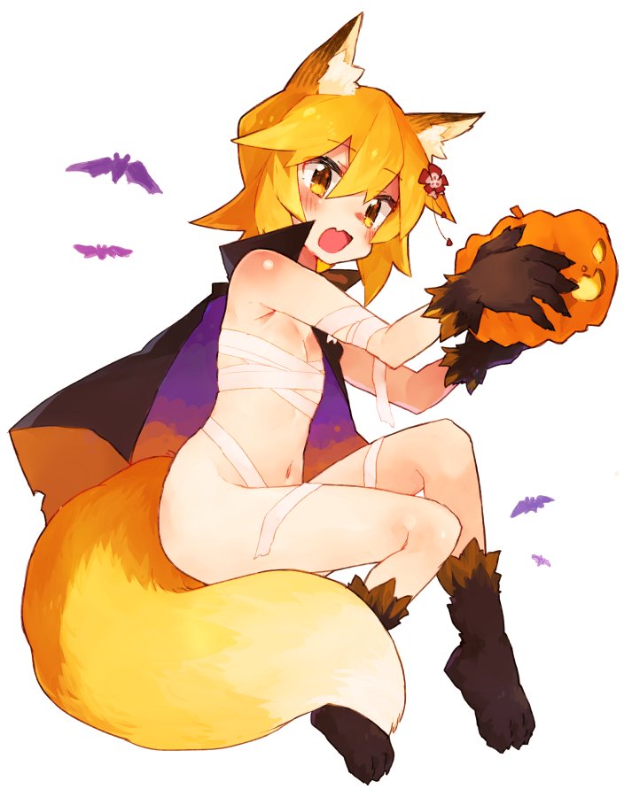 1girl animal_ear_fluff animal_ears bandage bangs bat blonde_hair blush breasts cape commentary eyebrows_visible_through_hair fang flower fox_ears fox_tail gloves hair_between_eyes hair_flower hair_ornament halloween holding jack-o'-lantern looking_at_viewer naked_ribbon navel open_mouth paw_gloves paw_shoes paws pumpkin ribbon rimukoro sarashi senko_(sewayaki_kitsune_no_senko-san) sewayaki_kitsune_no_senko-san shoes short_hair simple_background small_breasts solo tail yellow_eyes