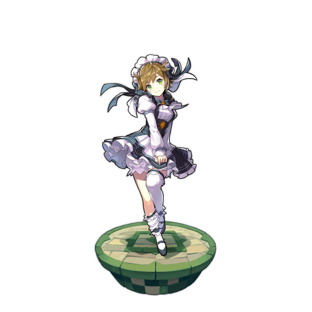 1girl artist_request black_footwear bloomers brown_hair dragalia_lost green_eyes head_tilt loose_socks maid maid_headdress melody_(dragalia_lost) non-web_source official_art skirt thigh-highs transparent_background underwear