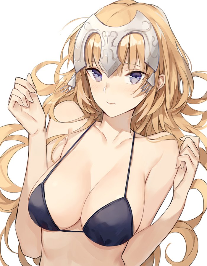 1girl aiko_(kanl) black_bikini_top blonde_hair blue_eyes breasts cleavage collarbone fate/grand_order fate_(series) headpiece jeanne_d'arc_(fate)_(all) jeanne_d'arc_(swimsuit_archer) large_breasts long_hair looking_at_viewer shiny shiny_hair simple_background solo upper_body very_long_hair white_background
