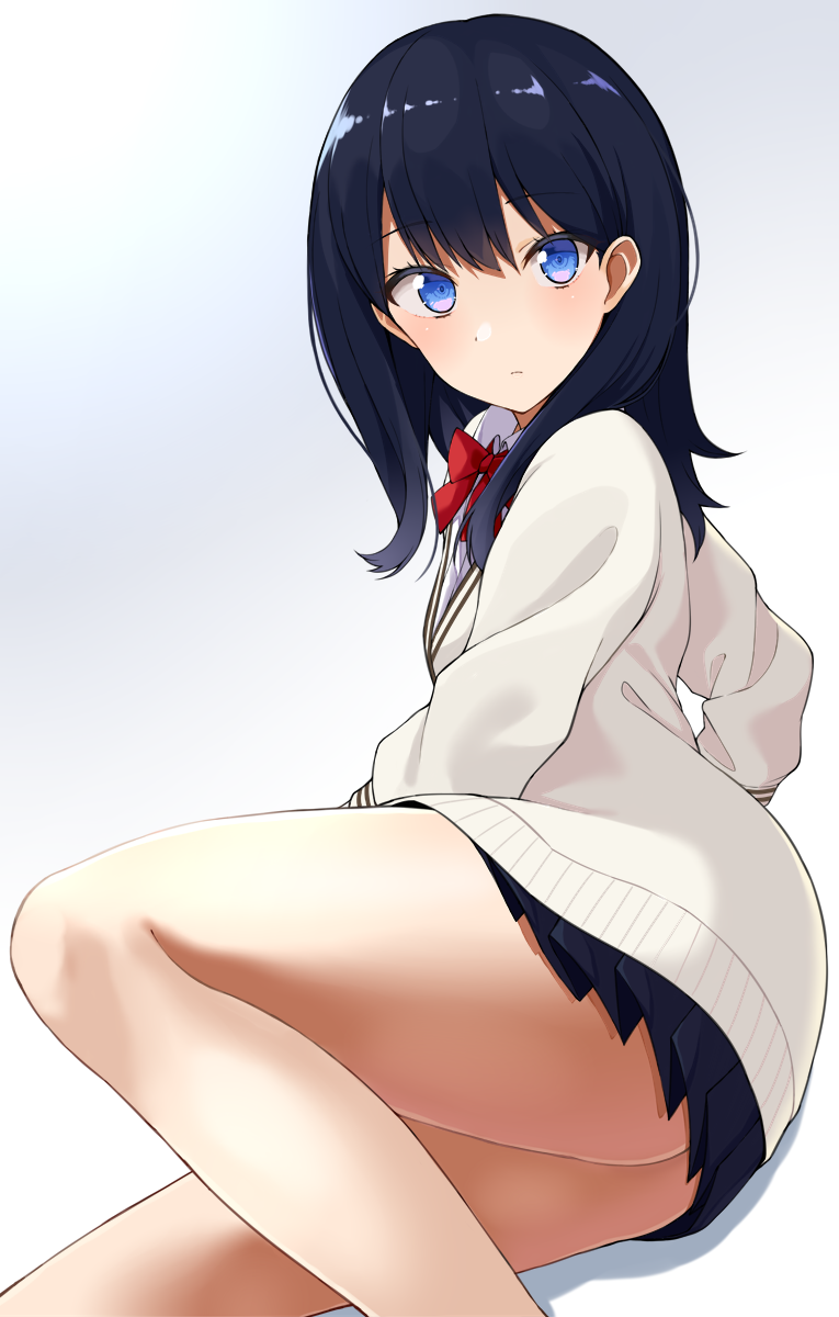 1girl ass bangs black_hair black_skirt blue_eyes blush bow bowtie breasts closed_mouth gomashi_(goma) highres hips long_hair long_sleeves looking_at_viewer pleated_skirt red_bow red_neckwear school_uniform simple_background skirt small_breasts solo ssss.gridman sweater takarada_rikka thighs white_background white_sweater