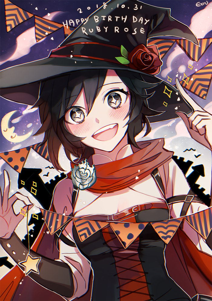 1girl alternate_costume birthday black_hair breasts cleavage commentary corset crescent_moon dated ecru english flower flower_hat grey_eyes halloween happy hat moon rose ruby_rose rwby solo star star-shaped_pupils symbol-shaped_pupils witch_hat