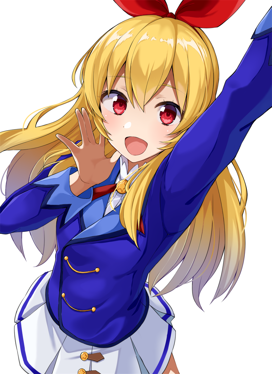 1girl :d aikatsu! aikatsu!_(series) arm_up bangs blazer blonde_hair blue_jacket eyebrows_visible_through_hair gomashi_(goma) hairband highres hoshimiya_ichigo jacket long_hair long_sleeves looking_at_viewer miniskirt open_mouth pleated_skirt red_eyes red_hairband simple_background skirt smile white_background white_skirt