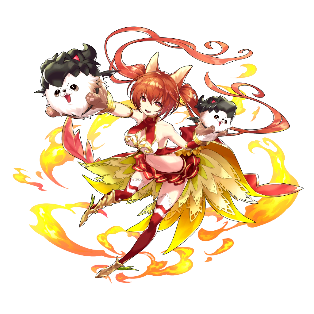 1girl animal_ears artist_request breasts cerberus_(dragalia_lost) cleavage cleavage_cutout dog dog_ears dragalia_lost fire long_hair midriff non-web_source official_art puppy skirt thigh-highs transparent_background twintails