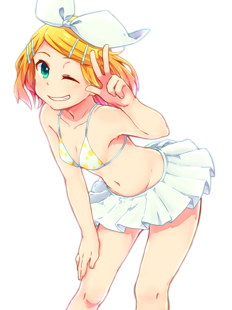 1girl ;d aqua_eyes bikini_skirt blonde_hair bow breasts cleavage collarbone grin groin hair_bow hair_ornament hairclip hand_on_lap kagamine_rin leaning_forward looking_at_viewer navel one_eye_closed open_mouth print_bikini_top reki_(arequa) short_hair sideboob simple_background skirt small_breasts smile solo standing v vocaloid white_background white_bow white_skirt