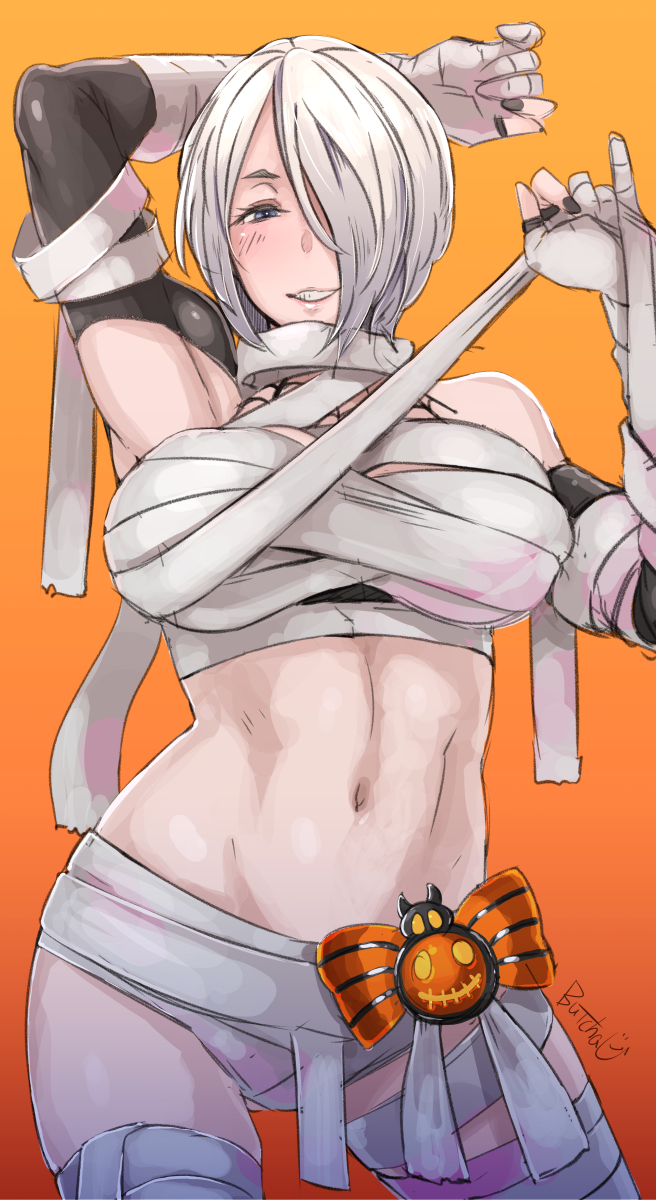 1girl angel_(kof) arm_up bandage bandaged_arm bandaged_leg bandages black_nails blue_eyes breasts butcha-u commentary_request contrapposto grin hair_over_one_eye halloween halloween_costume highres large_breasts looking_at_viewer midriff mummy_costume nail_polish navel pinky_out sarashi short_hair single_detached_sleeve smile solo standing the_king_of_fighters yellow_background
