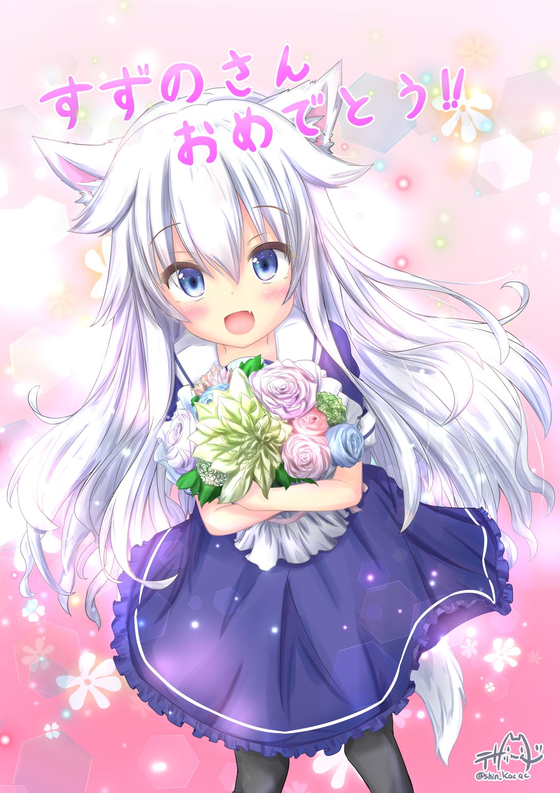 1girl :d animal_ear_fluff animal_ears black_legwear blue_dress blue_eyes borrowed_character bouquet commentary_request dress fang floral_background flower frilled_dress frills highres light_particles long_hair looking_at_viewer multicolored multicolored_background open_mouth original simple_background smile tail tezaringu translation_request twitter_username white_hair