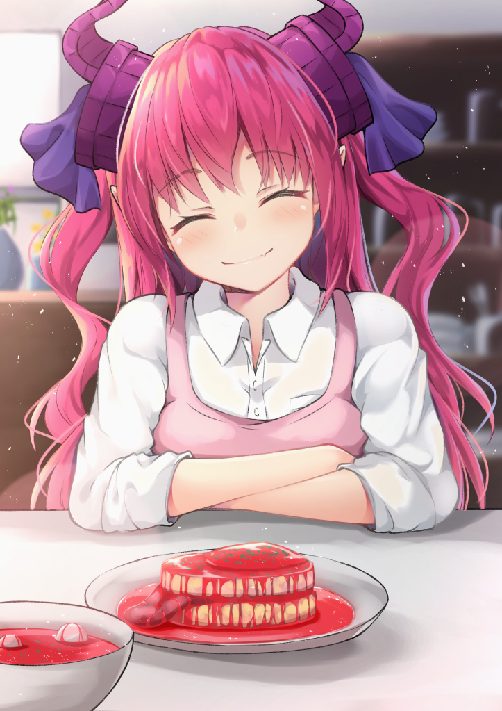 1girl alternate_costume apron arm_support blood blurry blurry_background blush bowl closed_eyes closed_mouth collared_shirt commentary_request curled_horns depth_of_field elizabeth_bathory_(fate) elizabeth_bathory_(fate)_(all) eyeball facing_viewer fang_out fate/grand_order fate_(series) flower food head_tilt indoors inora long_hair meat pink_apron pink_hair plate pointy_ears revision shelf shirt sidelocks sleeves_rolled_up smile solo soup table tongue two_side_up upper_body vase wavy_hair white_shirt wing_collar