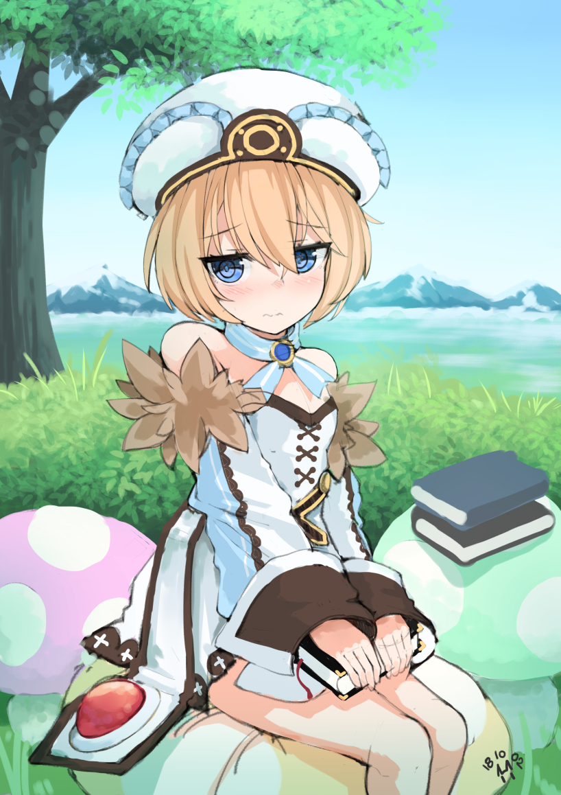 1girl bare_shoulders blanc blue_eyes blush book brown_hair coat dated dress embarrassed eyebrows_visible_through_hair hat looking_away neptune_(series) purerin short_hair solo white_dress